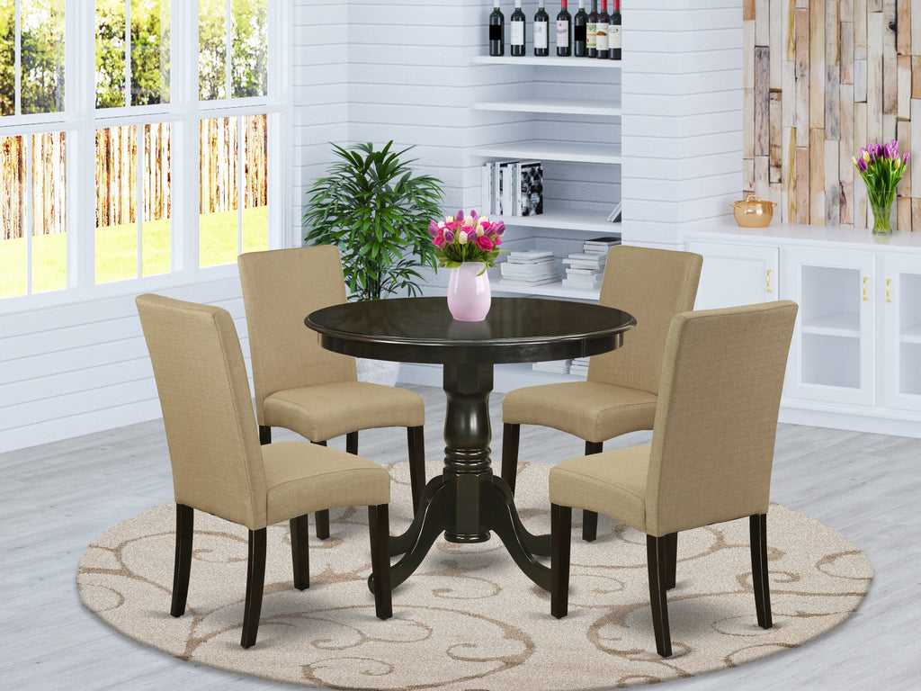 ANDR5-S3K-I3 5-Piece Dining Ensemble Round Table with Pedestal & 4 Brown Linen Chairs, Cappuccino