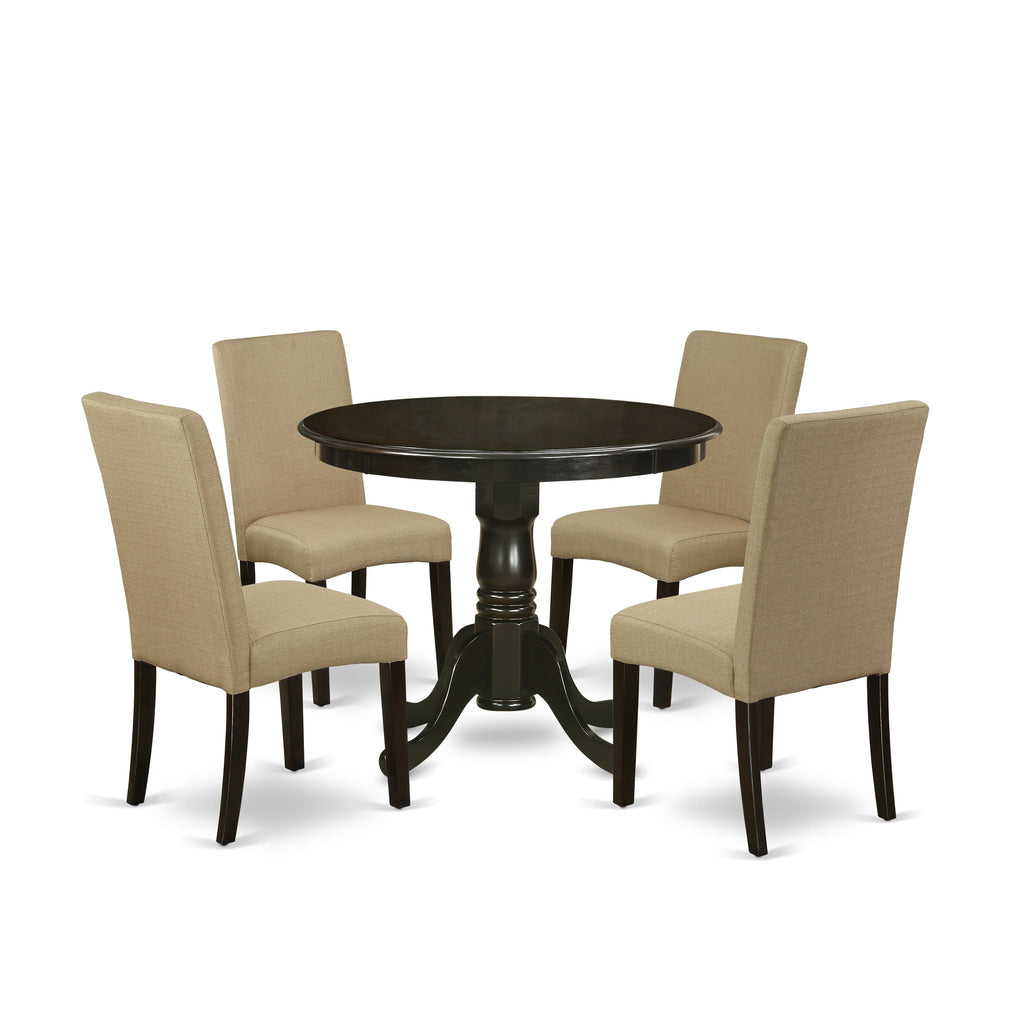 ANDR5-S3K-I3 5-Piece Dining Ensemble Round Table with Pedestal & 4 Brown Linen Chairs, Cappuccino