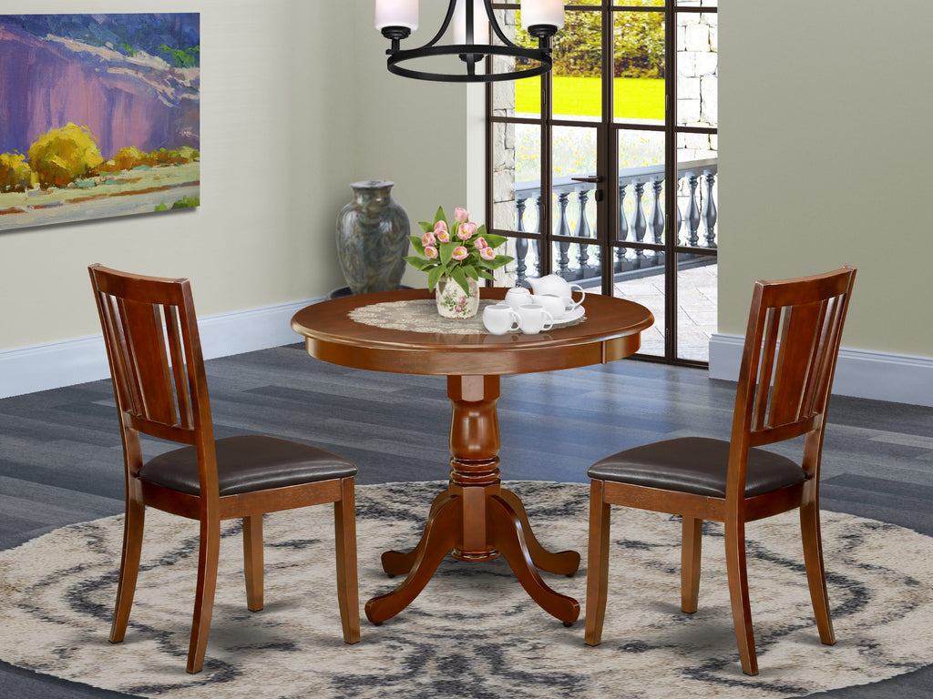 ANDU3-C4M-25 3-Piece Set Pedestal Dining Table & Two Chairs with Faux Leather Seats, Mahogany Finish