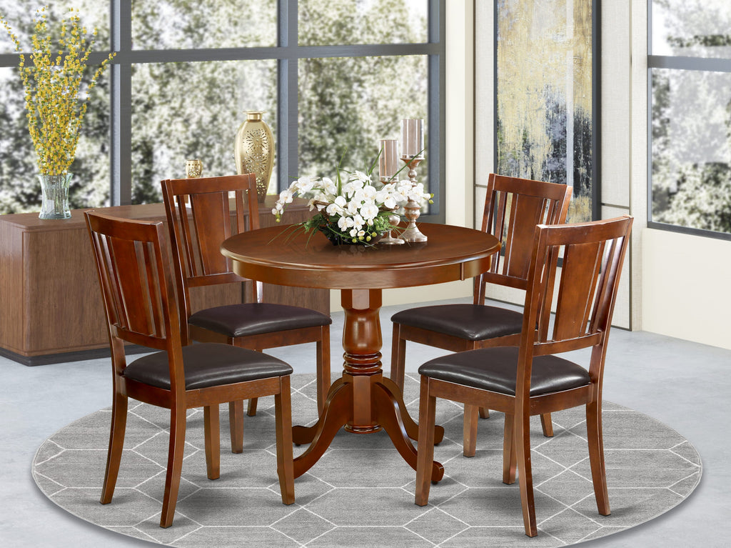 ANDU5-SH4-5L Dining Ensemble Round Table with Pedestal & Four Padded Seating Set, Mahogany 36x36