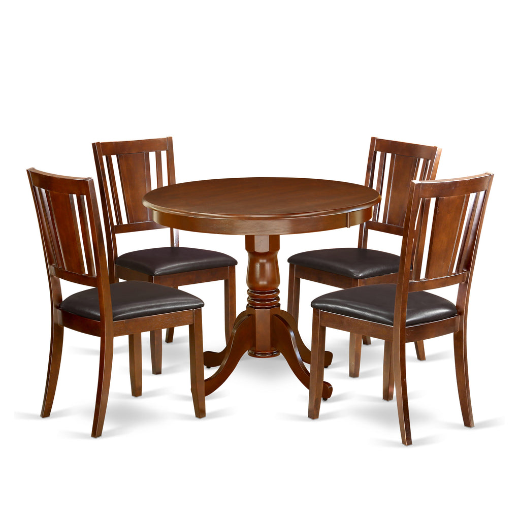 ANDU5-SH4-5L Dining Ensemble Round Table with Pedestal & Four Padded Seating Set, Mahogany 36x36