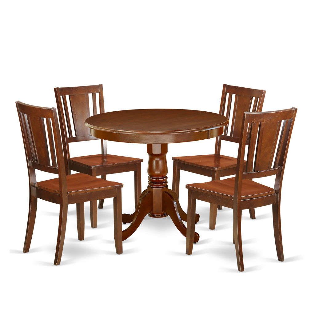 ANDU5-AQR-X Elegant 5-Piece Dining Set with Round Pedestal Table & Chairs, Mahogany Finish