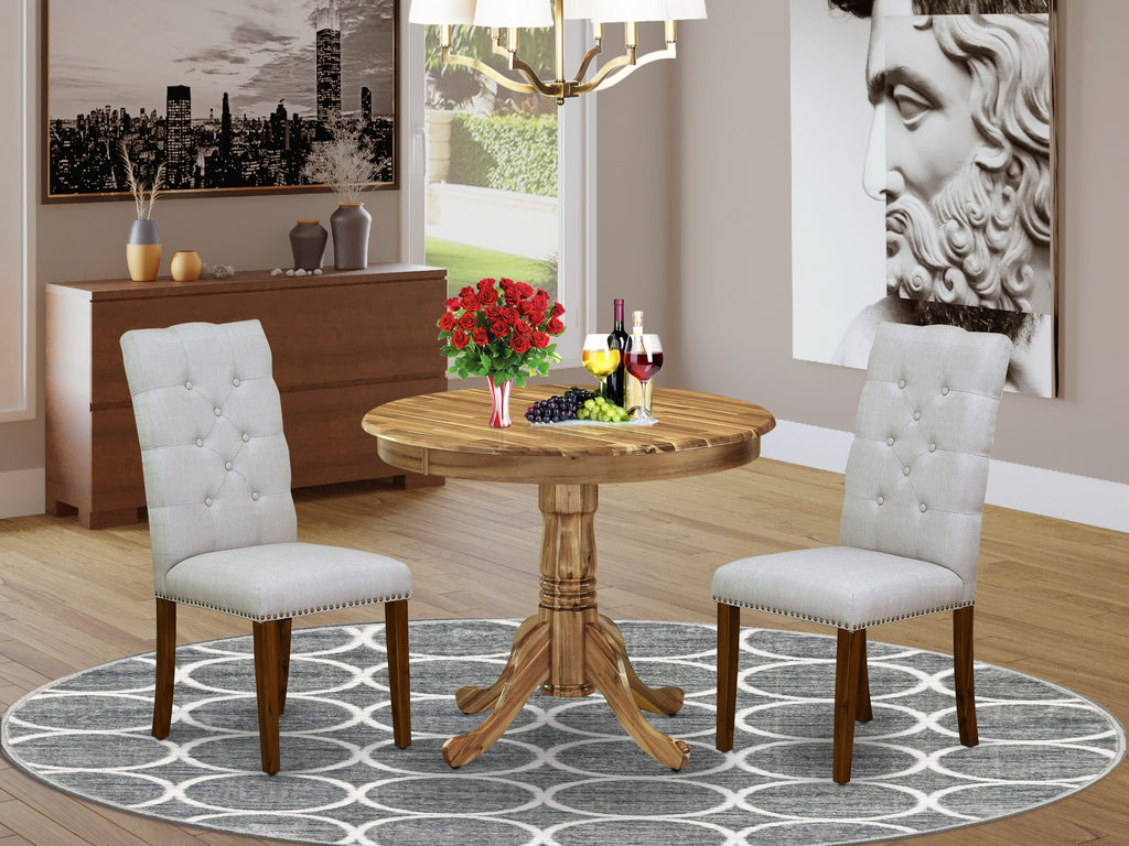 ANEL3-SSR-EQ Dining Set Round Table with Pedestal Base and 2 Luxe Parsons Chairs, Natural Finish