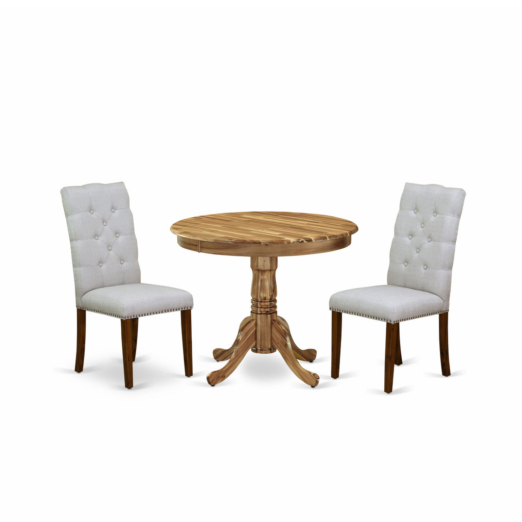 ANEL3-SSR-EQ Dining Set Round Table with Pedestal Base and 2 Luxe Parsons Chairs, Natural Finish