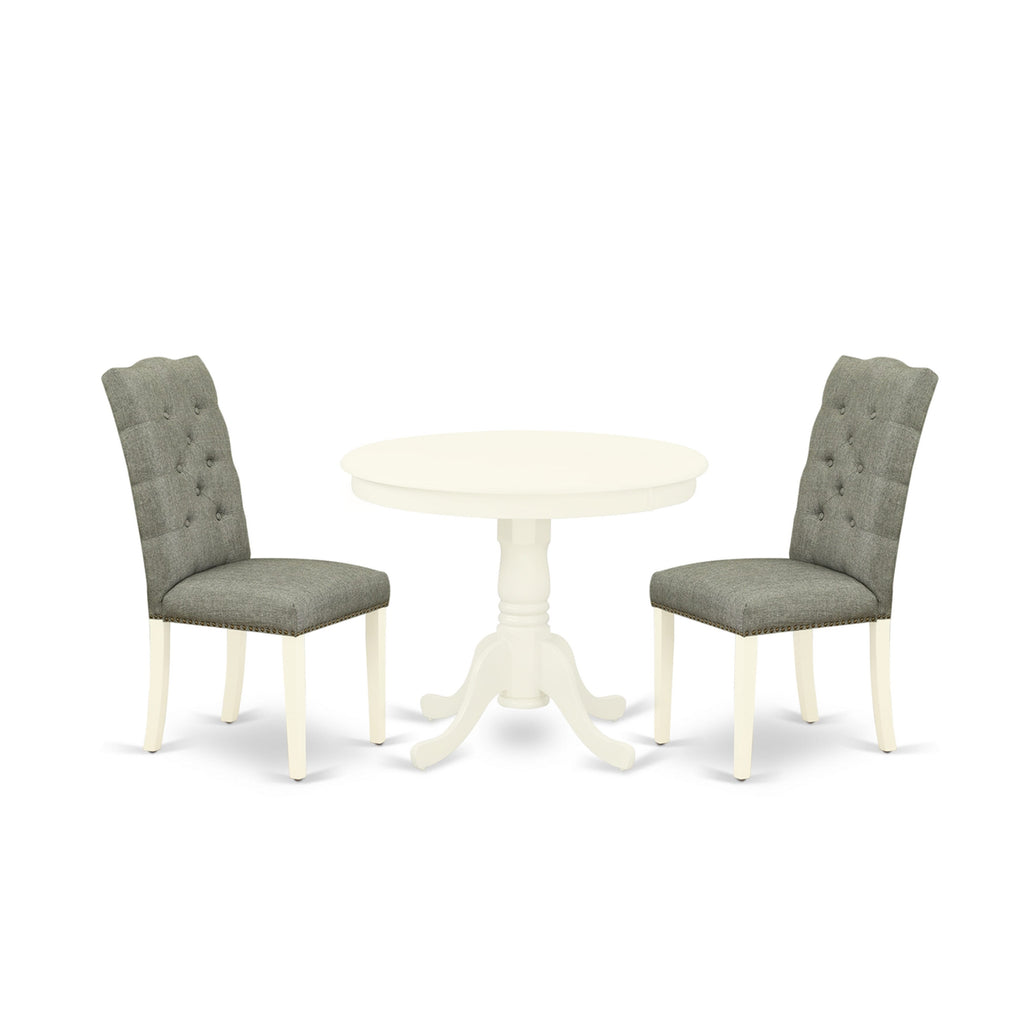 ANEL3-36X-07 3 Pc Round Dining Set with Pedestal & 2 Gray Linen Chairs, 36x36, White Wood Finish