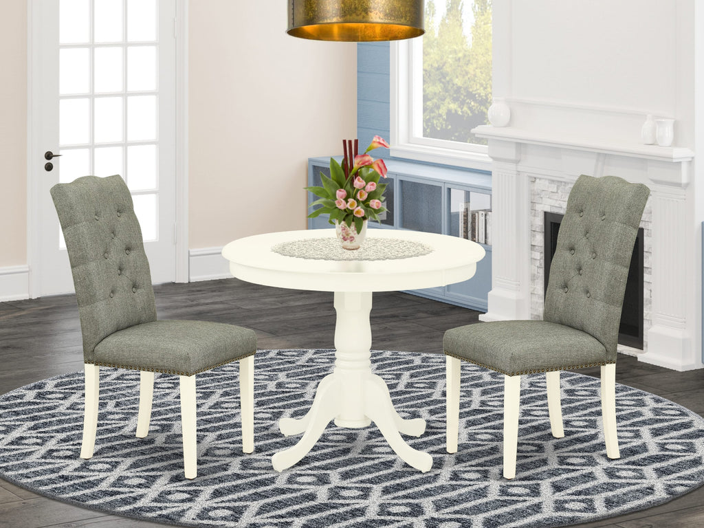 ANEL3-36X-07 3 Pc Round Dining Set with Pedestal & 2 Gray Linen Chairs, 36x36, White Wood Finish