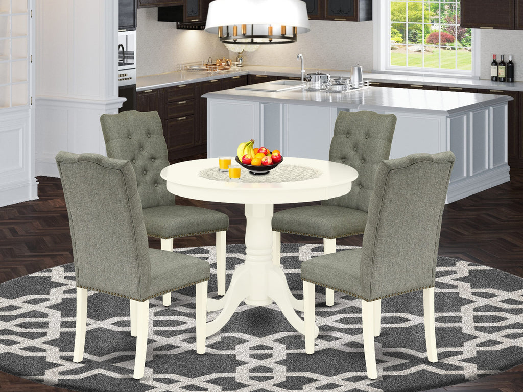 ANEL5-WIM-LD 5-Piece Dining Suite with Round Pedestal Table and Upholstered Parson Chairs Set for 4, 36 Inch, Linen White Finish