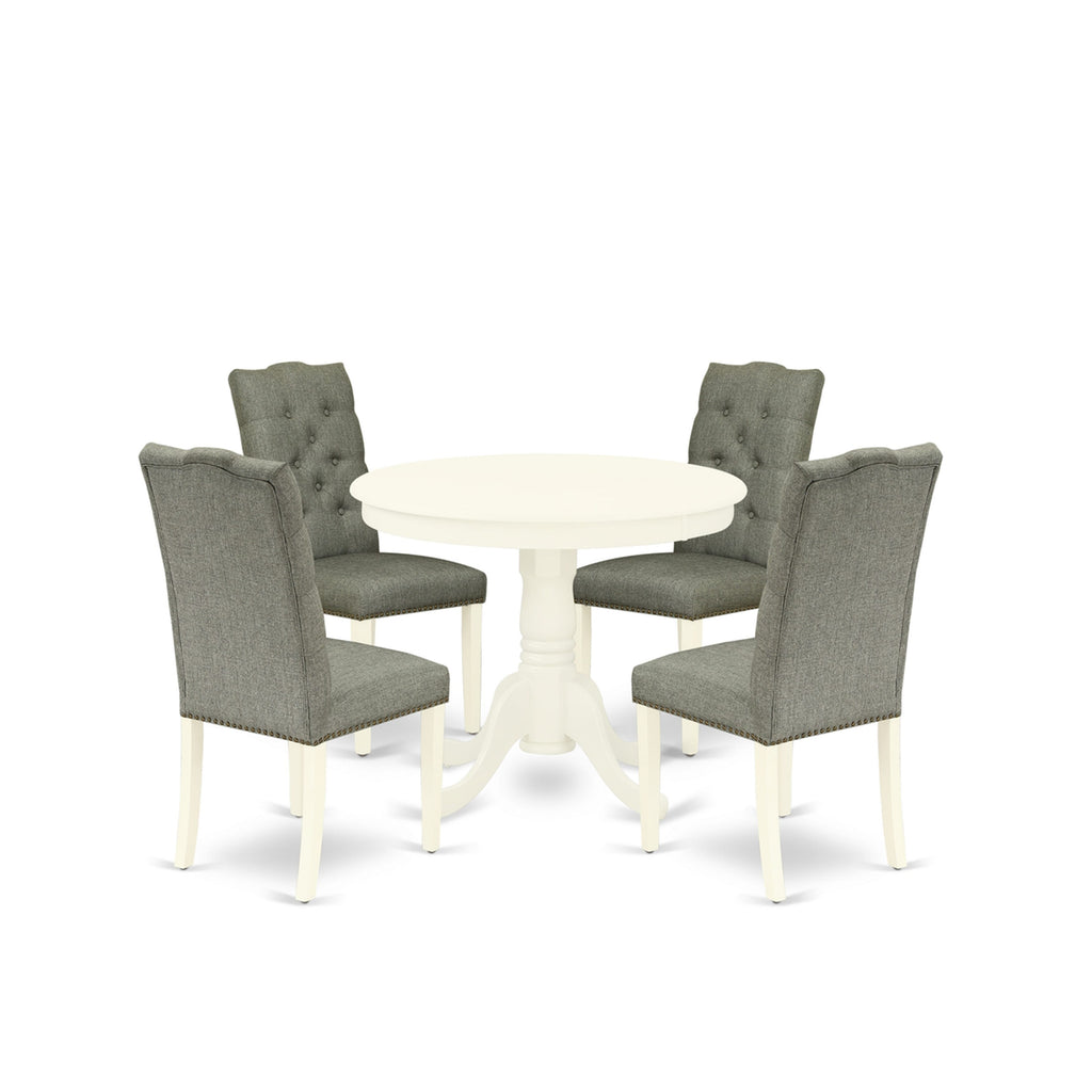 ANEL5-WIM-LD 5-Piece Dining Suite with Round Pedestal Table and Upholstered Parson Chairs Set for 4, 36 Inch, Linen White Finish