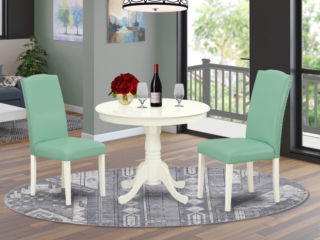 Cozy Spaces ANEN3-MON-AA 3pc Dining Ensemble with Round Table & Pond Leather Chairs, Linen White