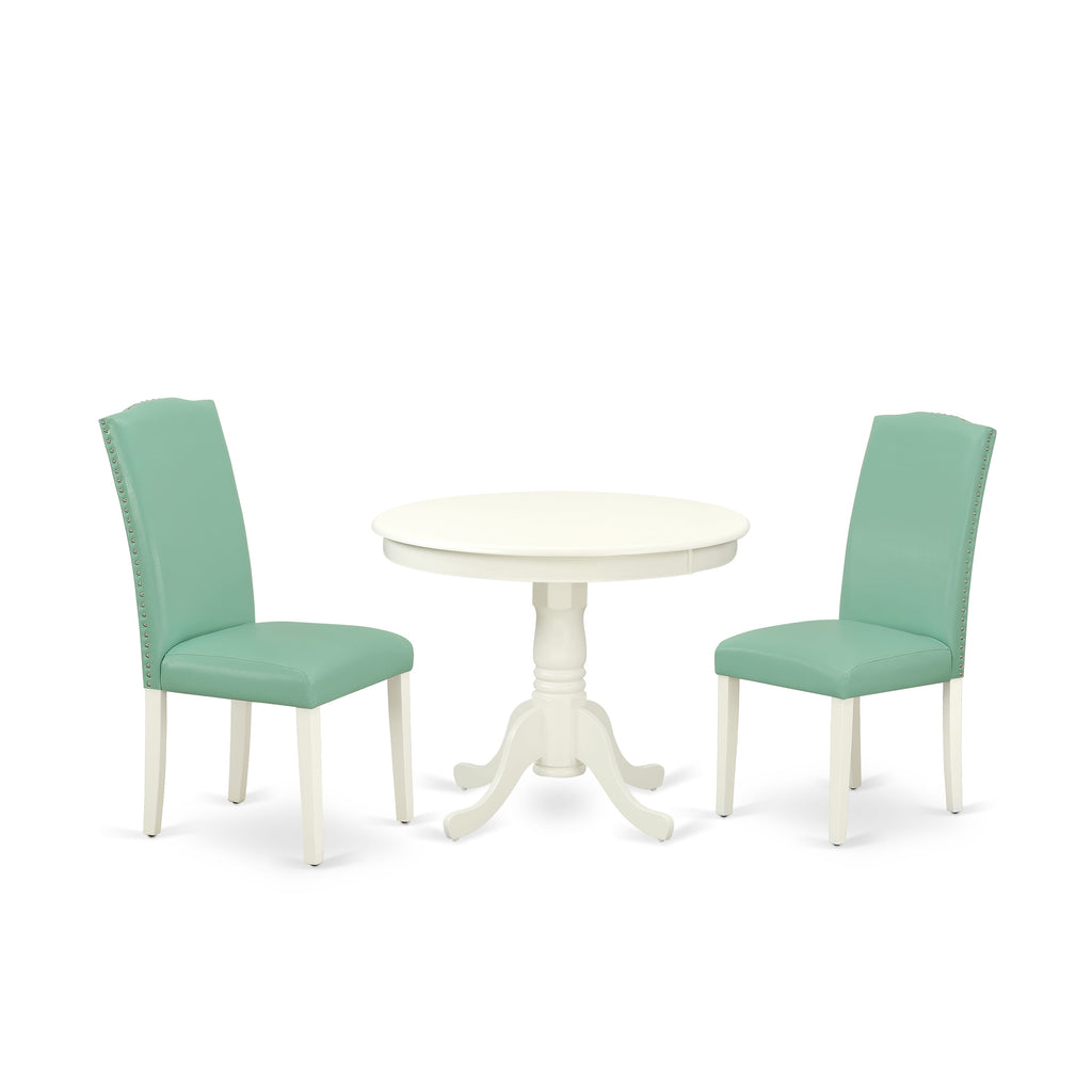 Cozy Spaces ANEN3-MON-AA 3pc Dining Ensemble with Round Table & Pond Leather Chairs, Linen White