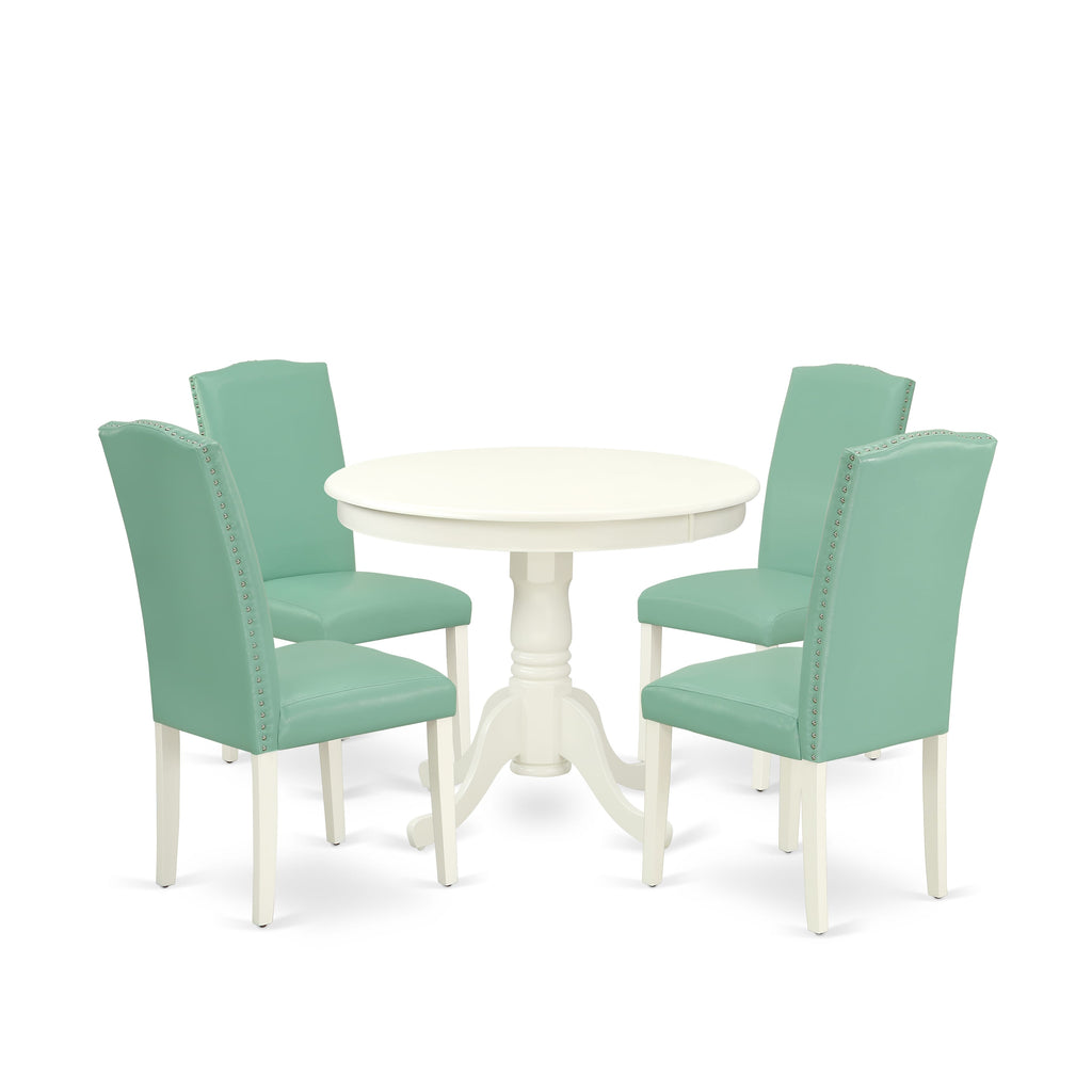 ANEN5-CYM-B1 5-Piece Dining Ensemble with Circular Table and Leather Chairs, 36x36 Linen Hue