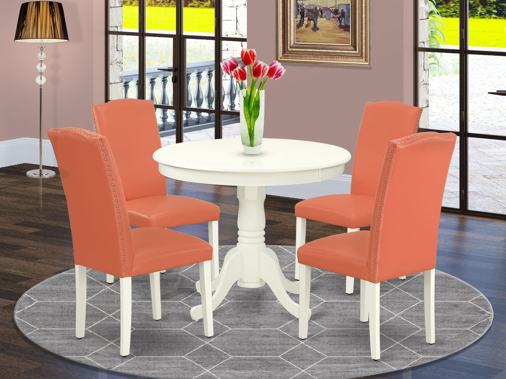 ANEN5-LKH-UV 5-Piece Round Dining Ensemble with Pedestal & 4 Pink Flamingo Chairs, 36x36, Linen White