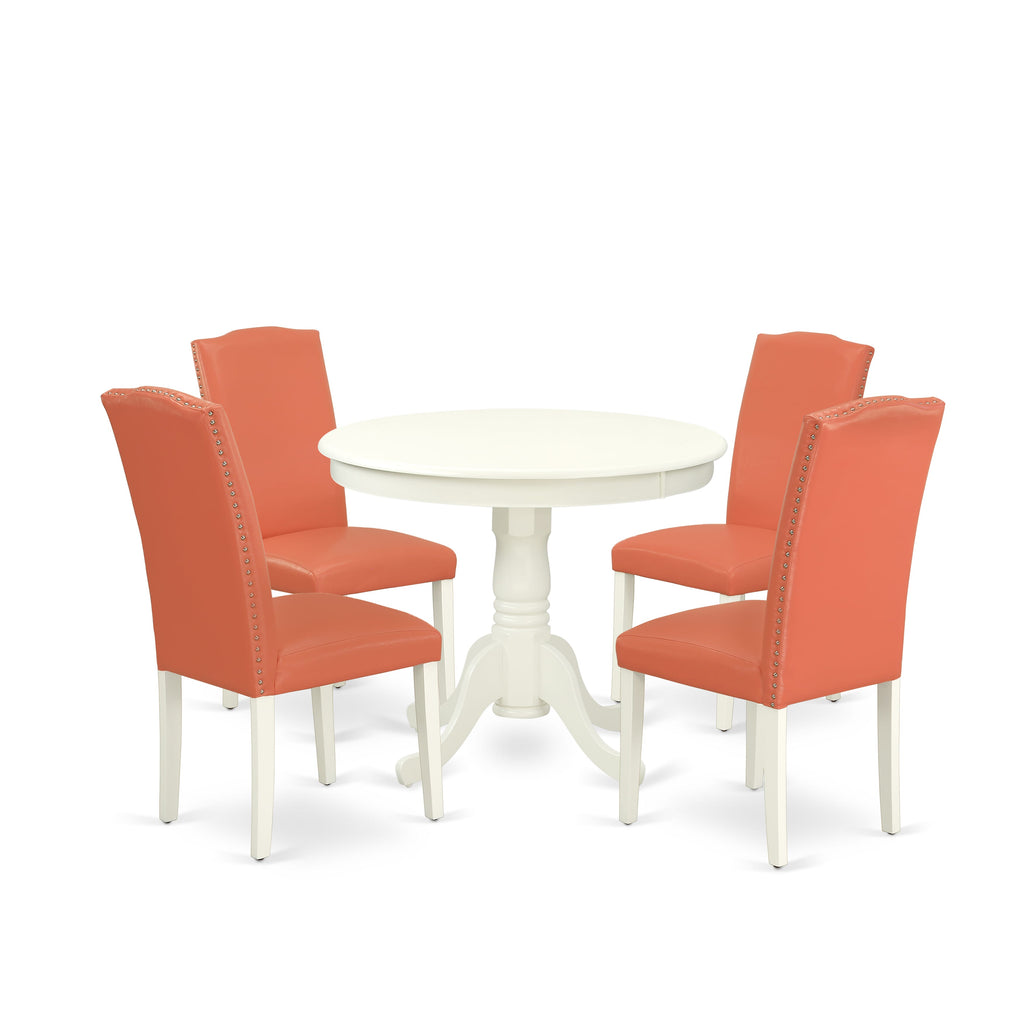 ANEN5-LKH-UV 5-Piece Round Dining Ensemble with Pedestal & 4 Pink Flamingo Chairs, 36x36, Linen White