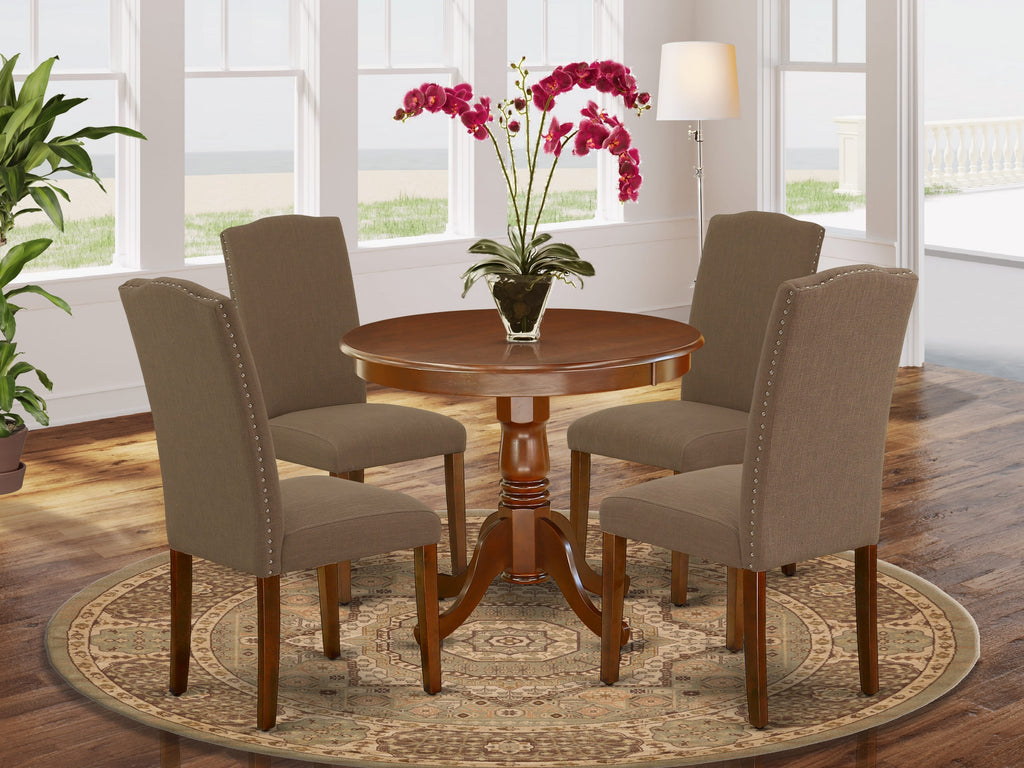 ANEN5-8XU-Y1 5-Piece Mahogany Round Dining Set with Pedestal Table & 4 Dark Coffee Linen Parsons Chairs