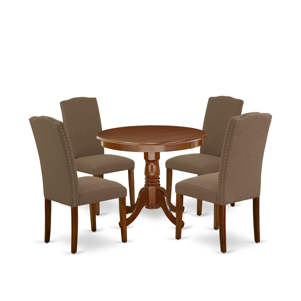 ANEN5-8XU-Y1 5-Piece Mahogany Round Dining Set with Pedestal Table & 4 Dark Coffee Linen Parsons Chairs
