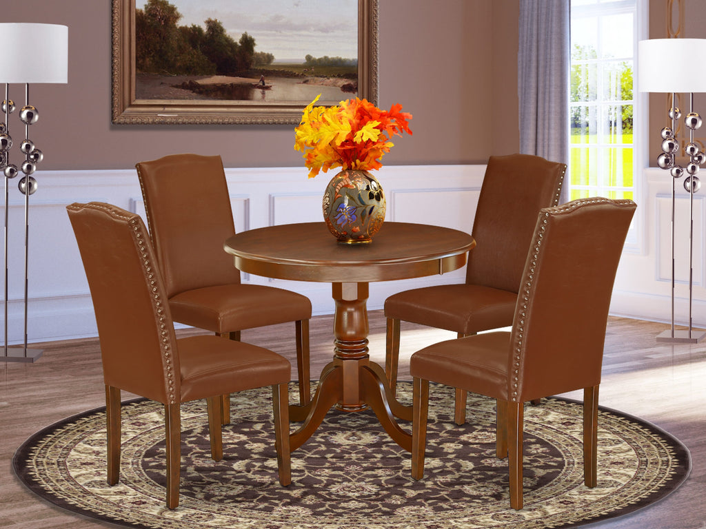 ANEN5-N5J-OV Elegant Mahogany 5-Piece Dining Ensemble with Pedestal Table & Brown Upholstered Chairs