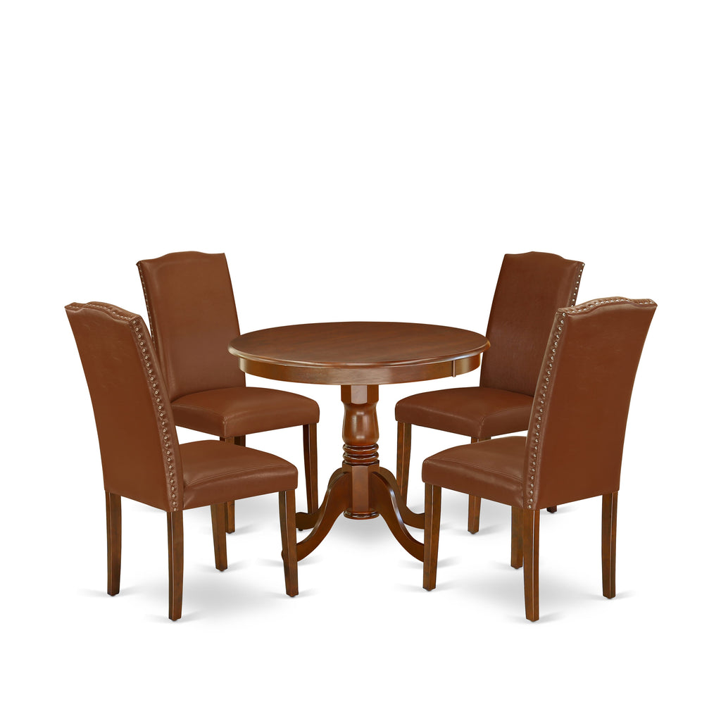 ANEN5-N5J-OV Elegant Mahogany 5-Piece Dining Ensemble with Pedestal Table & Brown Upholstered Chairs