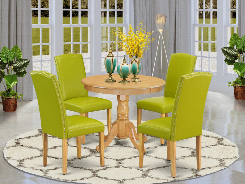 ANEN5-OCC-MR 5 Pc Dining Ensemble Round Dining Table with Pedestal & 4 Autumn Green Upholstered Parson Chairs, Oak
