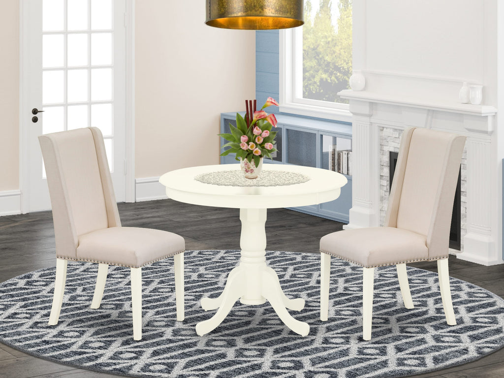 ANFL3-6CS-A8 Elegant 3-Piece Dining Ensemble Pedestal Round Table & Cream Parsons Chairs, 36x36, Linen White
