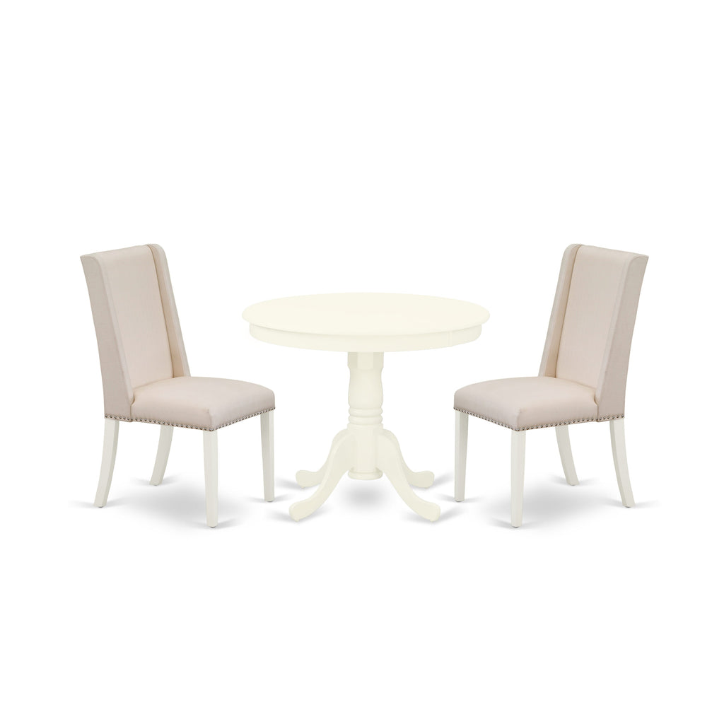 ANFL3-6CS-A8 Elegant 3-Piece Dining Ensemble Pedestal Round Table & Cream Parsons Chairs, 36x36, Linen White