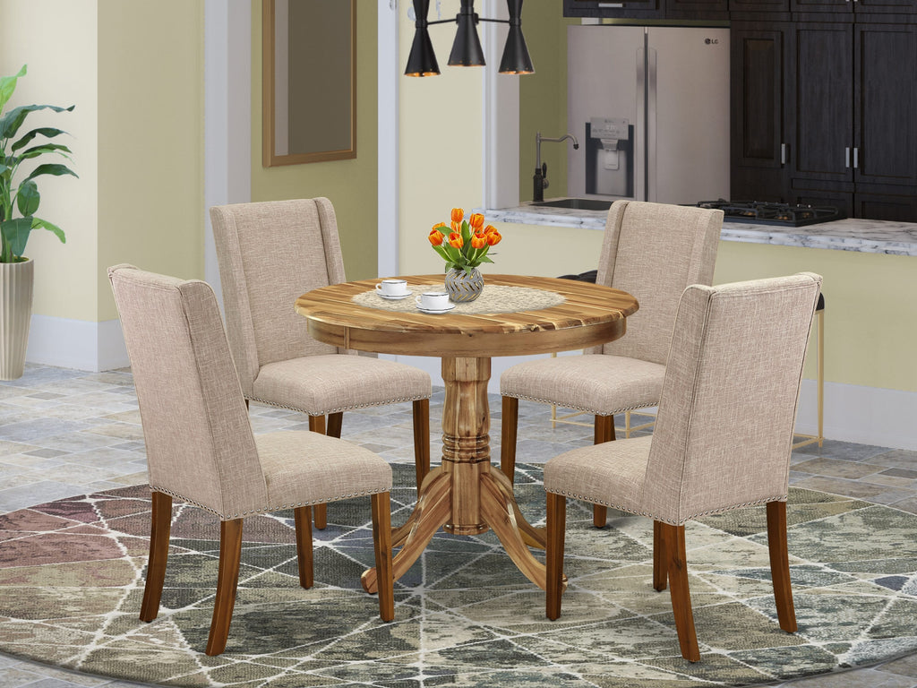 ANFL5-XN0-AF Dining Ensemble 5 Piece Set with Round Pedestal Table and 4 Parson Chairs in Light Tan Linen, Natural Finish
