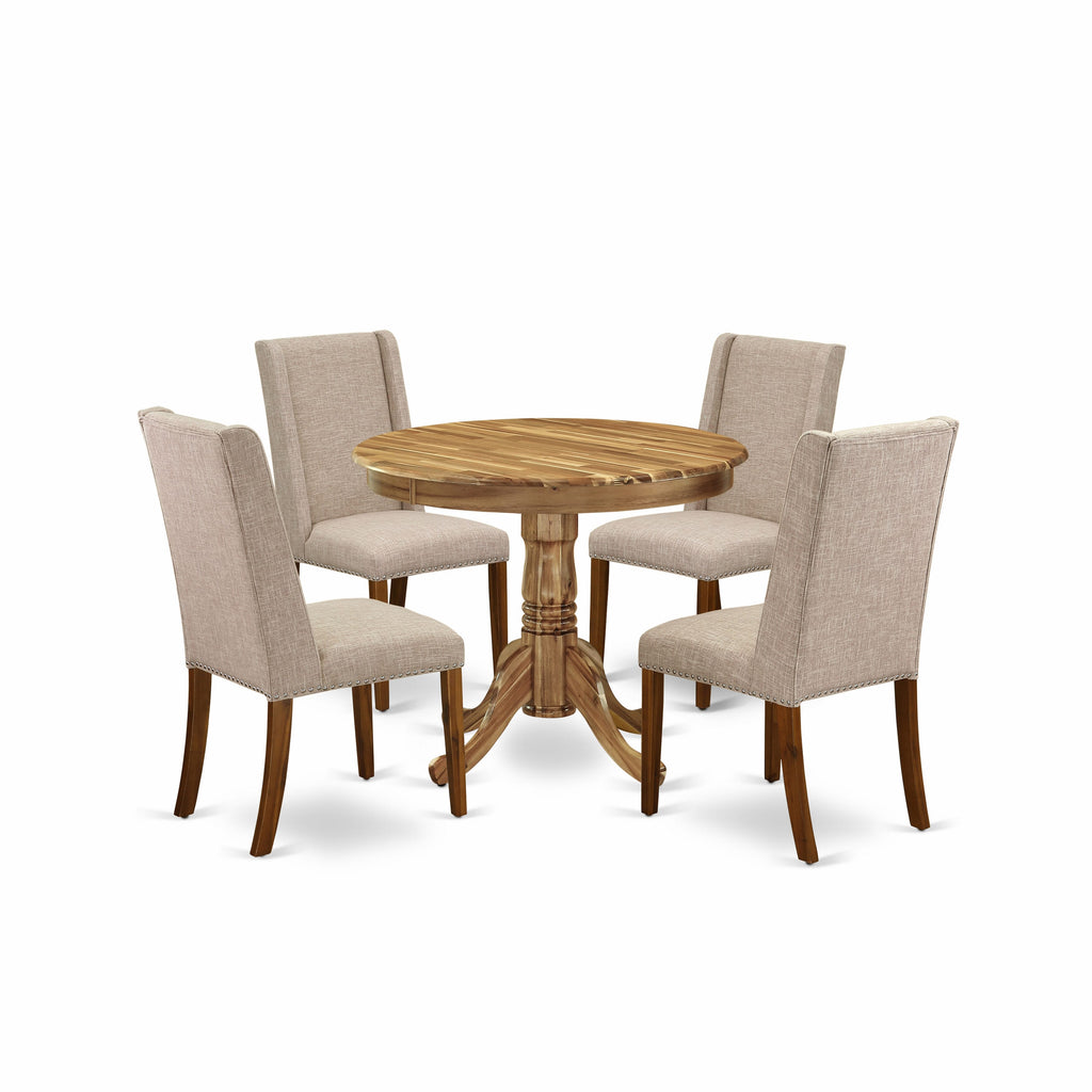 ANFL5-XN0-AF Dining Ensemble 5 Piece Set with Round Pedestal Table and 4 Parson Chairs in Light Tan Linen, Natural Finish