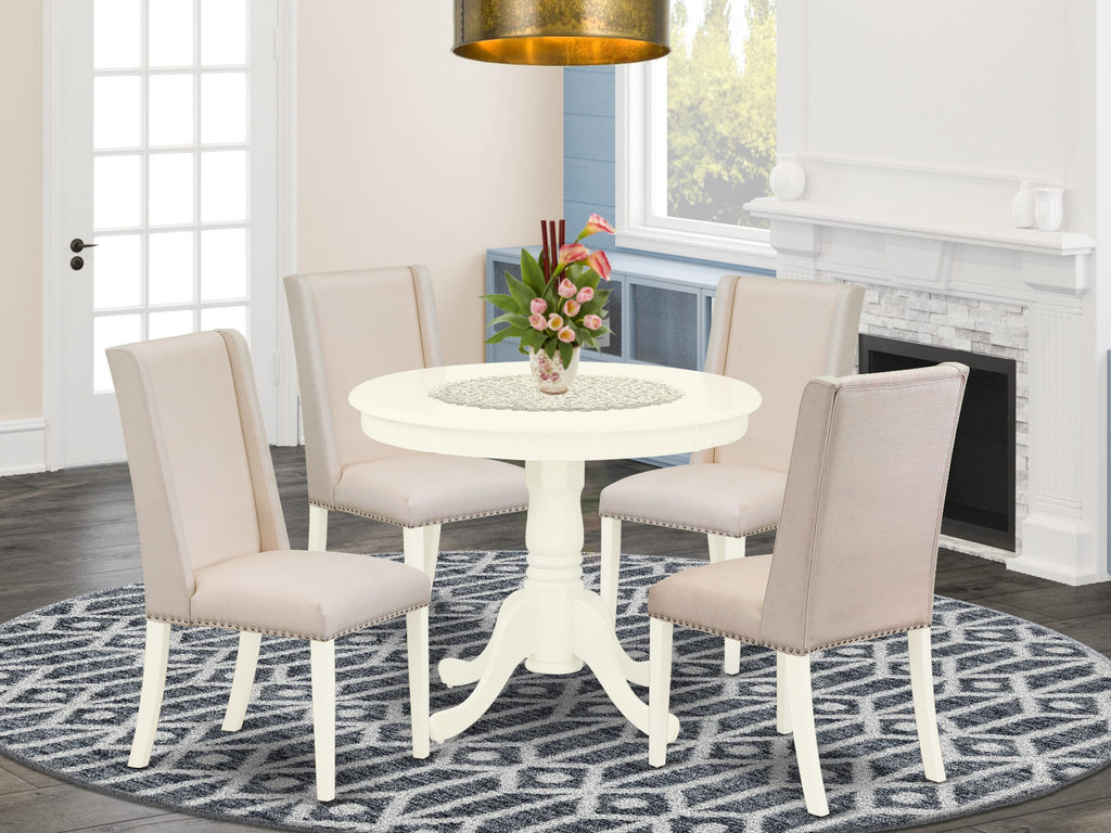 Dining Suite ANFL5-X3X-3A 5-Piece Set - Pedestal Round Table & 4 Linen Seats, 36 White Finish