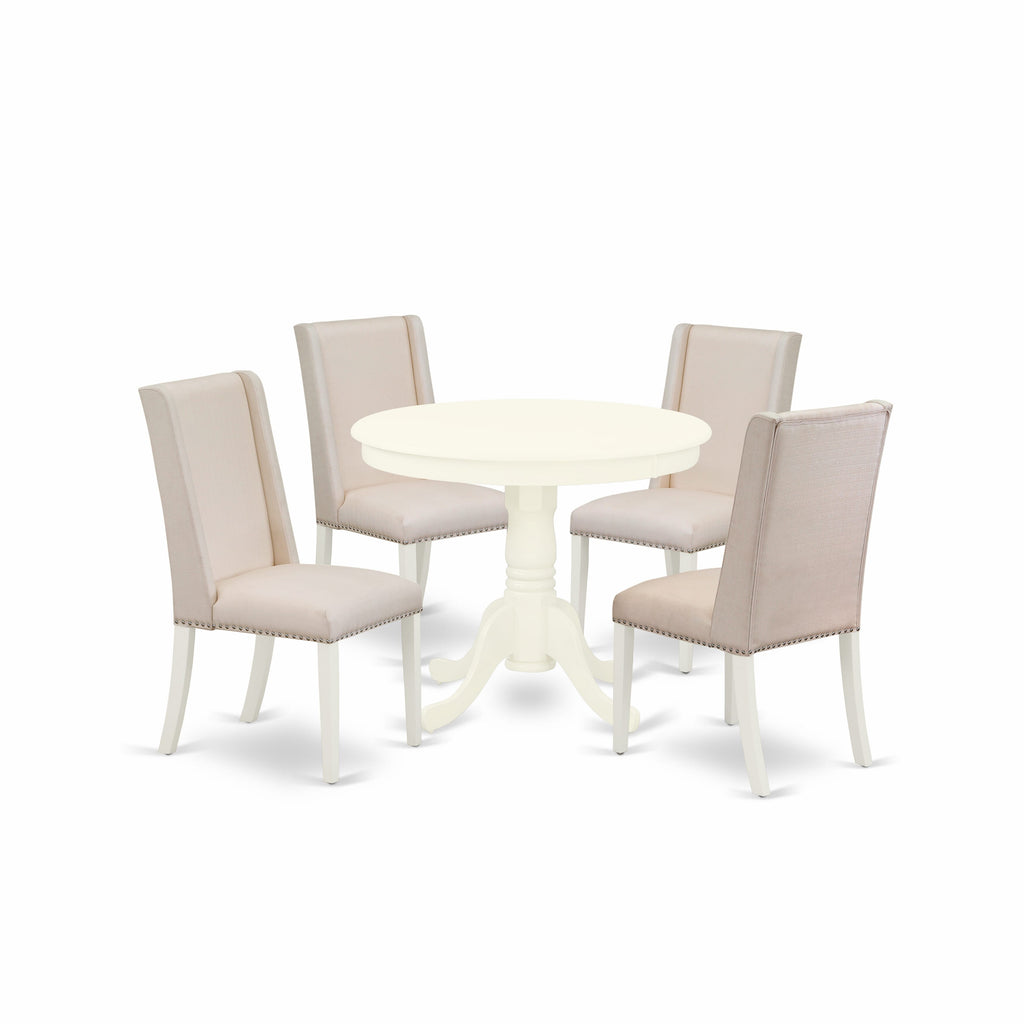 Dining Suite ANFL5-X3X-3A 5-Piece Set - Pedestal Round Table & 4 Linen Seats, 36 White Finish