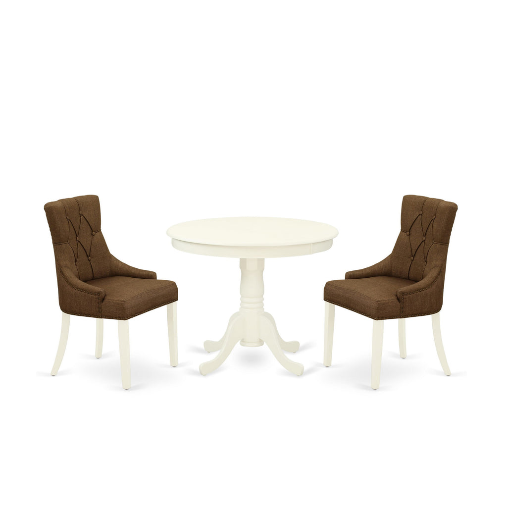 ANFR3-0V6-4X Stylish 3-Piece Dining Ensemble with Pedestal Table and Two Sumptuous Linen Chairs in Brown, 36 Round, Elegant White Finish