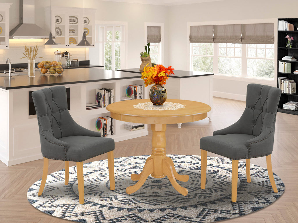ANFR3-9VG-CQ Cozy 3-Piece Dining Ensemble with Circular Table and Two Dark Gotham Linen Chairs, Oak Finish, 36x36 Inches