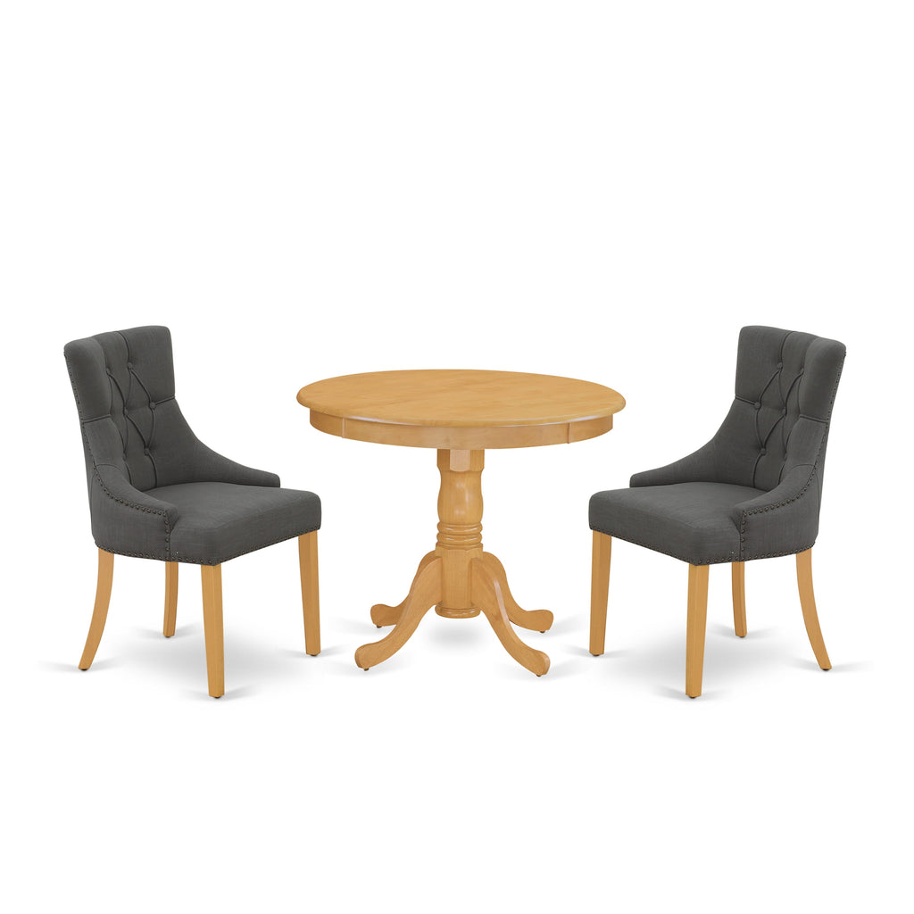 ANFR3-9VG-CQ Cozy 3-Piece Dining Ensemble with Circular Table and Two Dark Gotham Linen Chairs, Oak Finish, 36x36 Inches