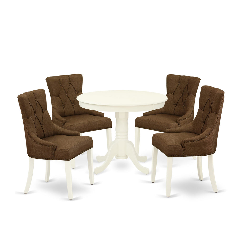 ANFR5-0QD-IK 5-Piece Dining Set Round Table with Base and 4 Fabric Parson Chairs in Brown, 36x36 White