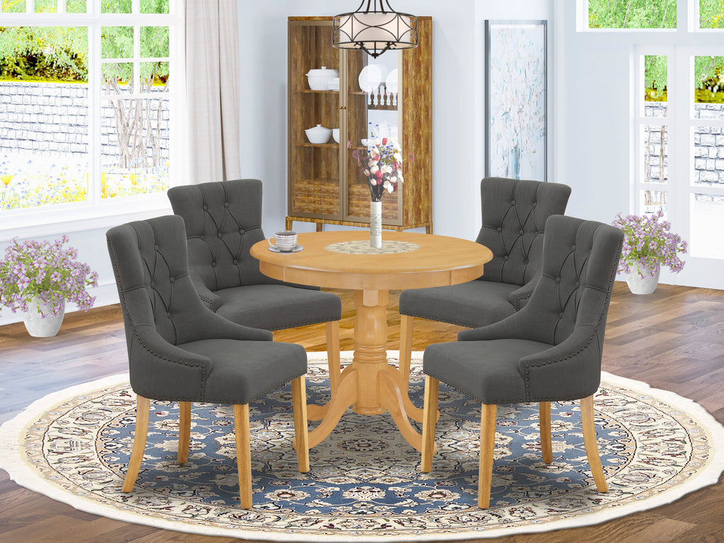 Dining Room Bundle ANFR5-PVY-IZ Round Table and 4 Parson Chairs in Dark Gotham, Oak Finish