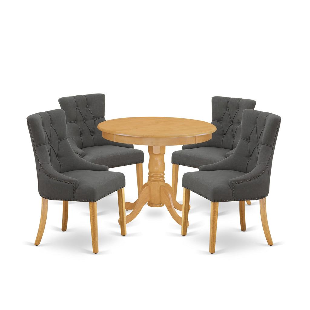 Dining Room Bundle ANFR5-PVY-IZ Round Table and 4 Parson Chairs in Dark Gotham, Oak Finish
