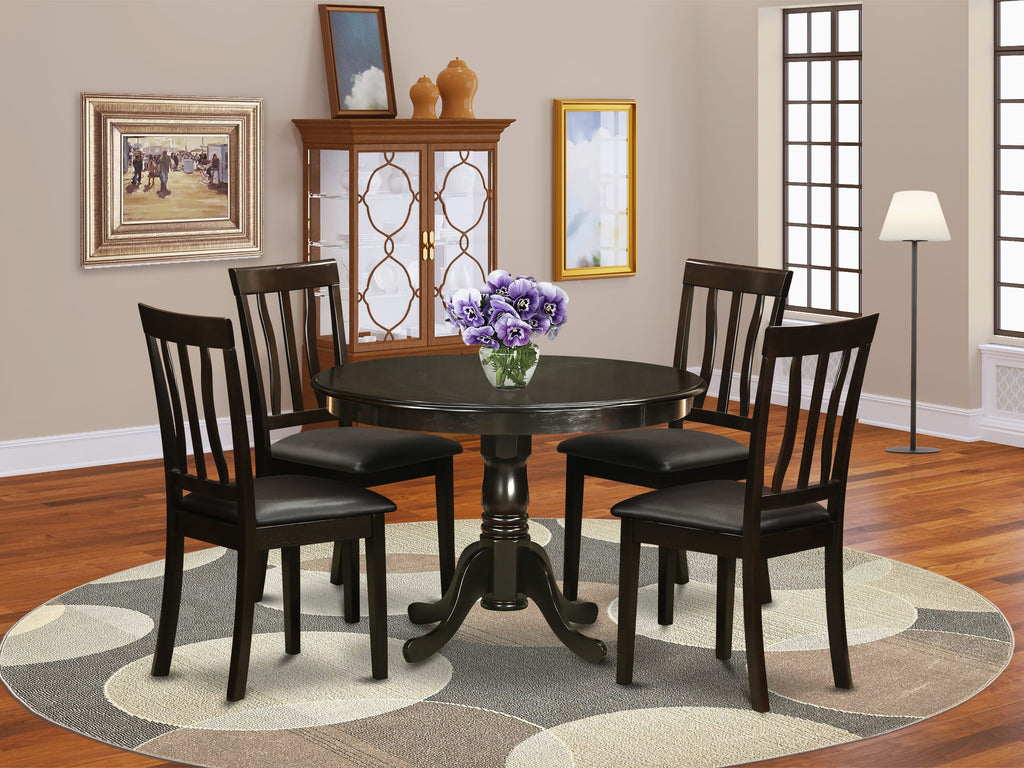 ANGA3-M3T-UQ Petite Dining Ensemble Round Pedestal Table with Two Chic Black Parson Chairs