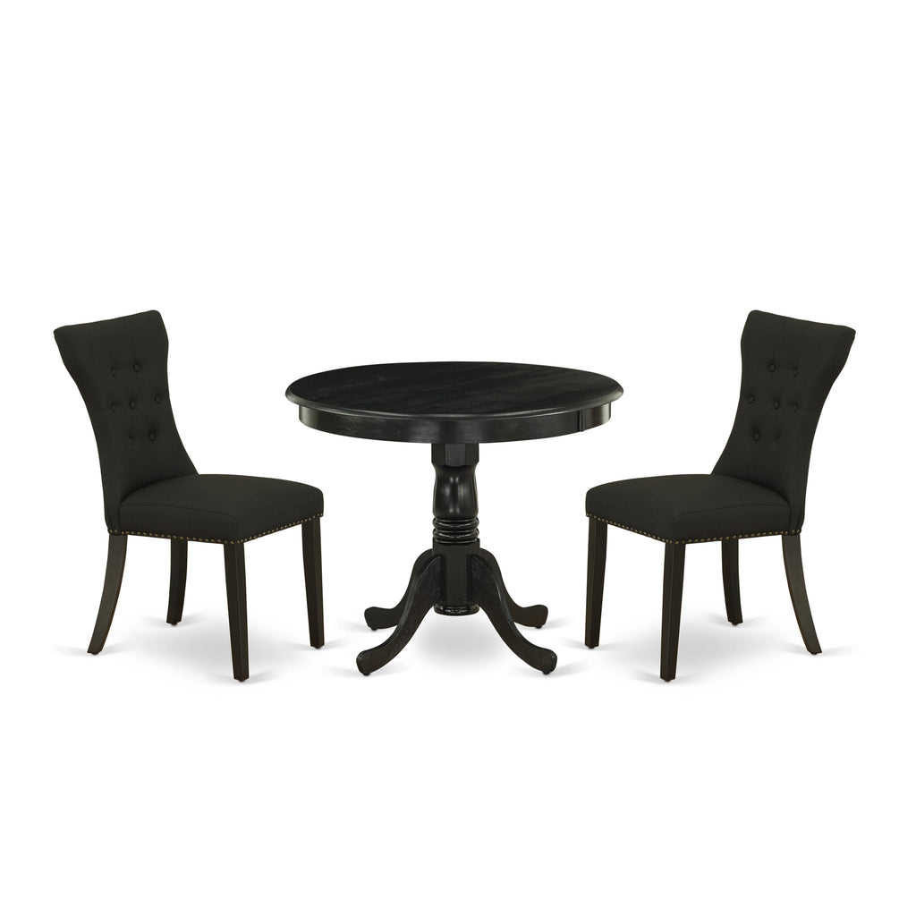 ANGA3-M3T-UQ Petite Dining Ensemble Round Pedestal Table with Two Chic Black Parson Chairs