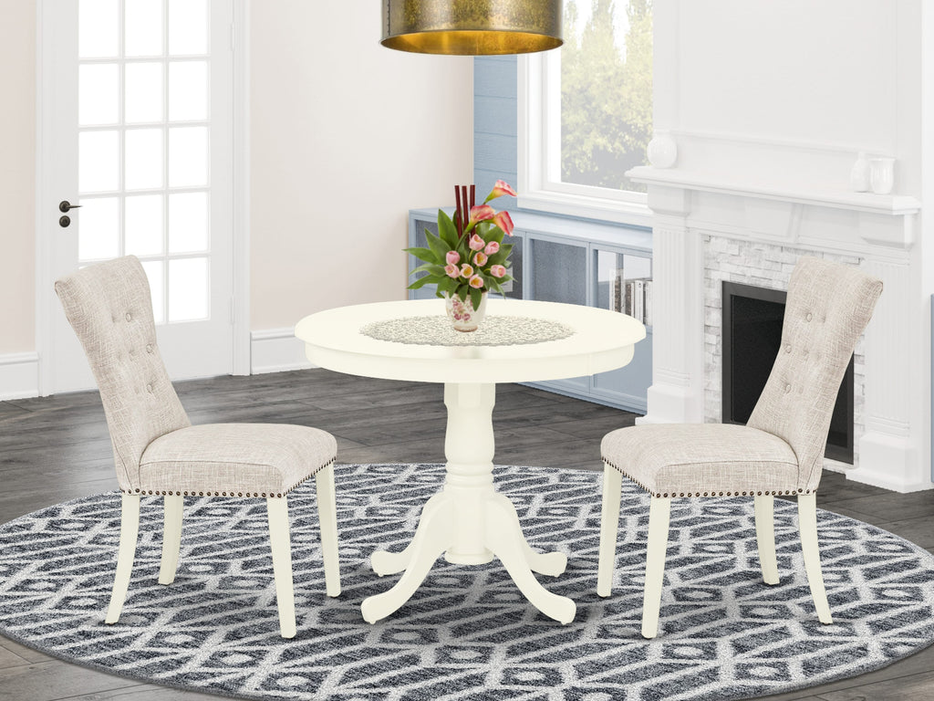 ANGA3-H85-YC Elegant 3-Piece Round Dining Set with Pedestal Table & Two Linen Doeskin Upholstered Chairs, 36 Linen White