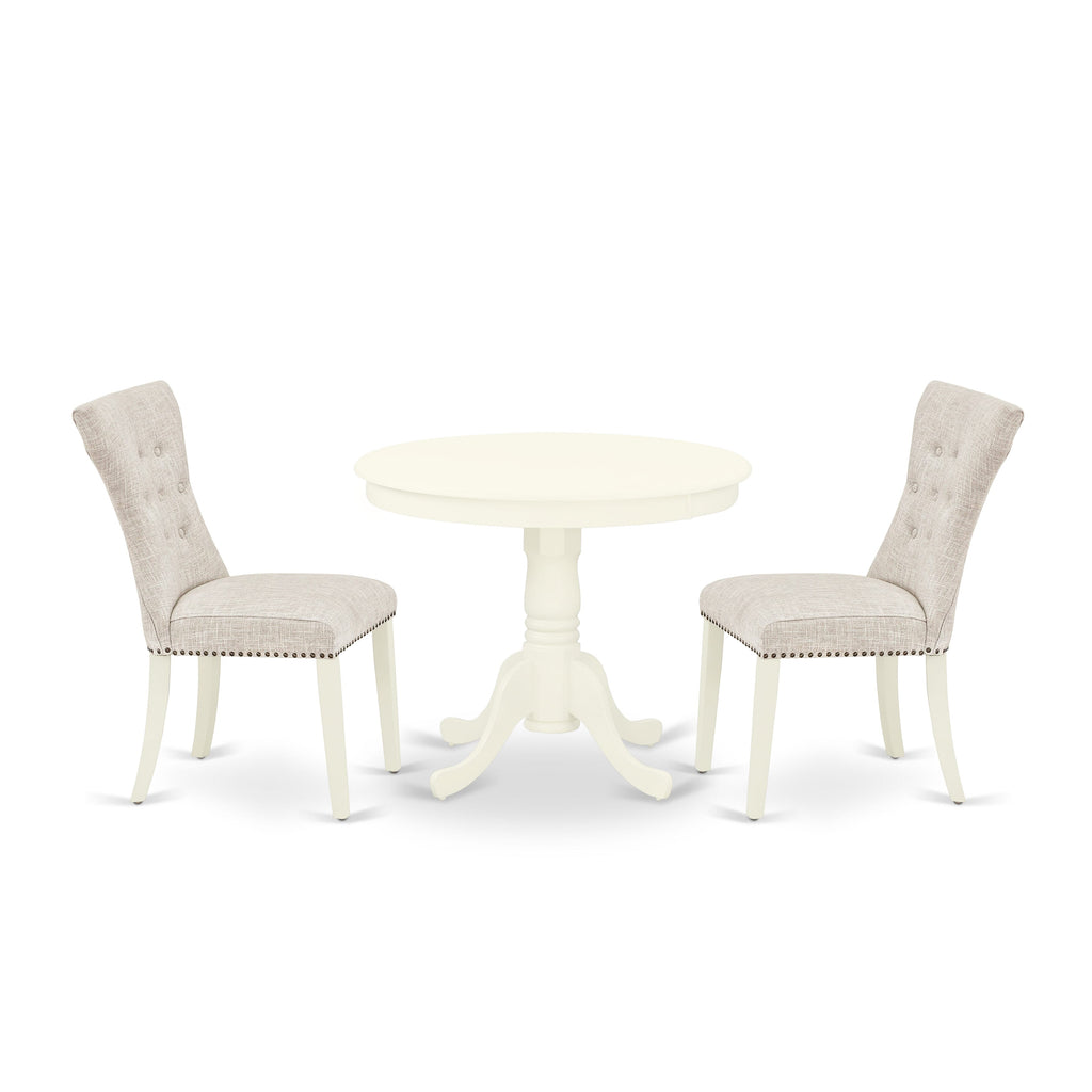 ANGA3-H85-YC Elegant 3-Piece Round Dining Set with Pedestal Table & Two Linen Doeskin Upholstered Chairs, 36 Linen White