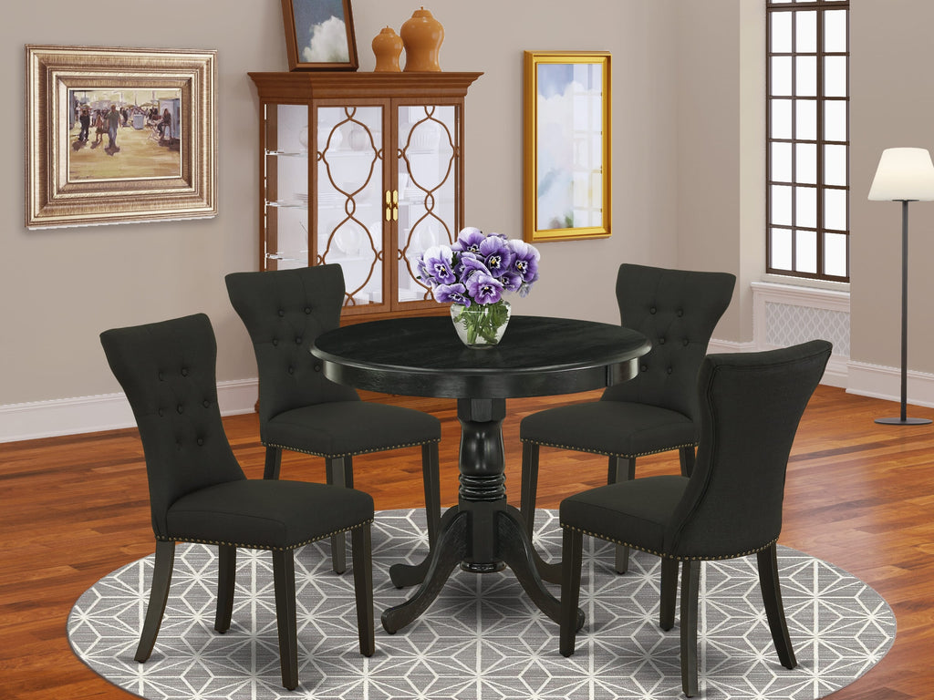 ANGA5-S04-VY 5-Piece Dining Ensemble Featuring Elegant Round Table and 4 Upholstered Parsons Chairs in Black Linen, 36 Surface, Wirebrushed Black Finish
