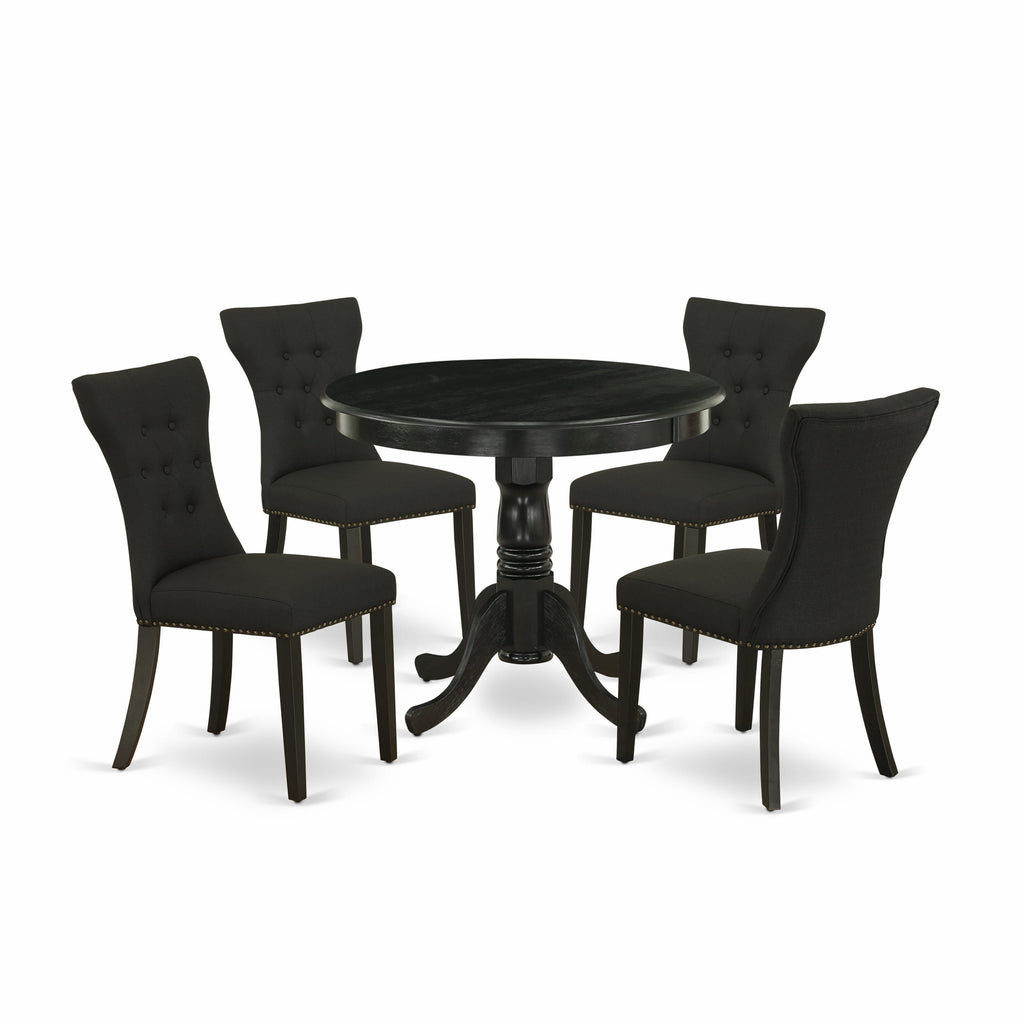 ANGA5-S04-VY 5-Piece Dining Ensemble Featuring Elegant Round Table and 4 Upholstered Parsons Chairs in Black Linen, 36 Surface, Wirebrushed Black Finish