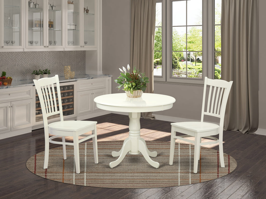 ANGR3-GZW-X 3-Piece Dining Set Includes Pedestal Round Table & Two Chairs in Crisp White Finish