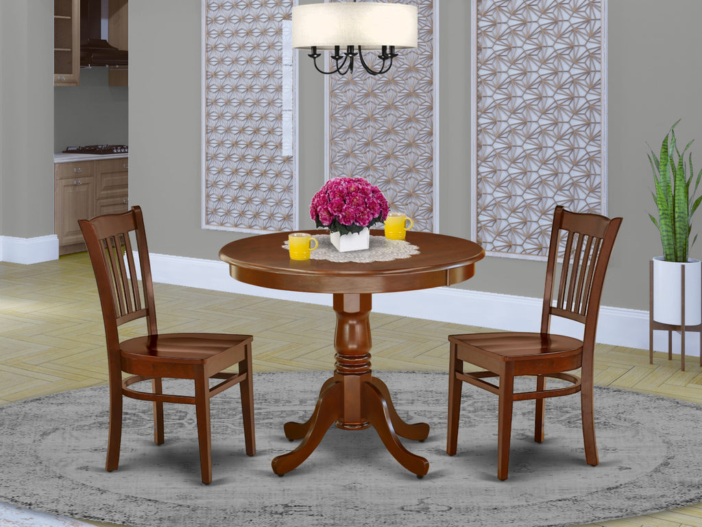 Chic ANGR3-FL5-Q Round Dining Set for Cozy Areas with Pedestal Table and 2 Seat Chairs, 36” in Warm Finish