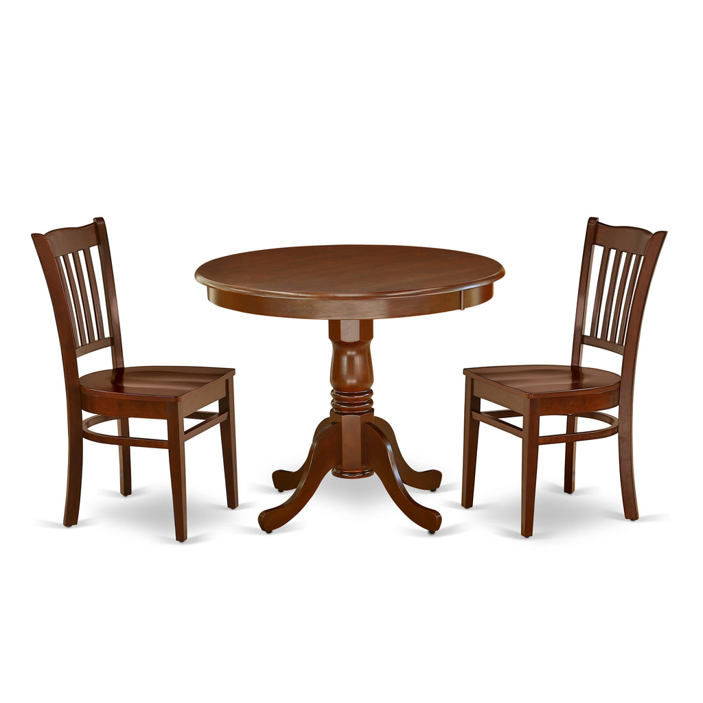 Chic ANGR3-FL5-Q Round Dining Set for Cozy Areas with Pedestal Table and 2 Seat Chairs, 36” in Warm Finish