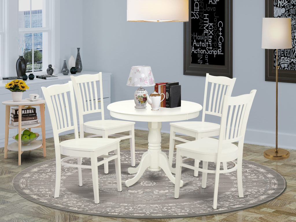 ANGR5-N55-0 Elegant 5-Piece Round Dining Set with Pedestal Table and 4 Chairs, Linen White, 36x36 Inches