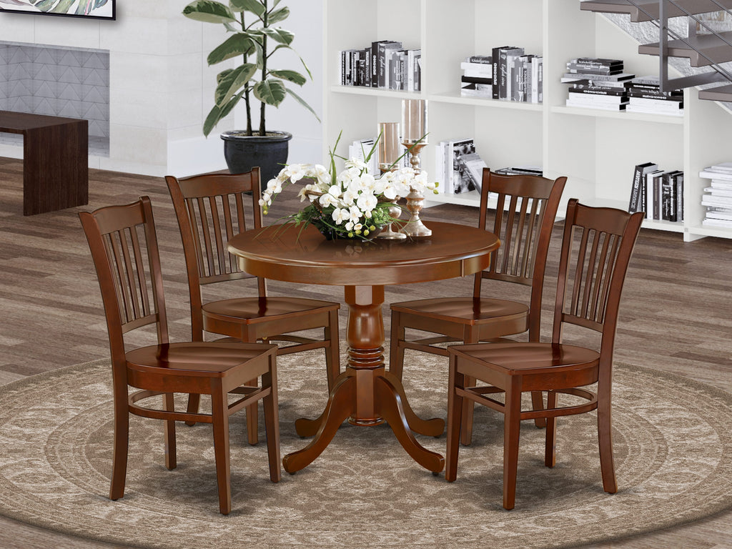 Dining Set ANGR5-V5I-Z Elegant Round Table & 4 Chairs with Pedestal in Rich Mahogany for Stylish Kitchens