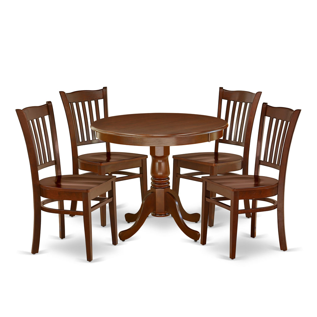 Dining Set ANGR5-V5I-Z Elegant Round Table & 4 Chairs with Pedestal in Rich Mahogany for Stylish Kitchens