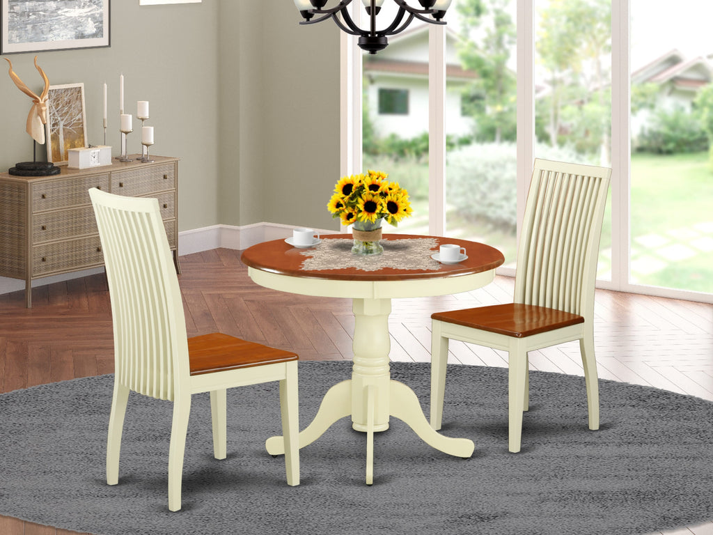 ANIP3-FUG-K 3 Piece Round Dining Table Set with Pedestal and Two Chairs, Cherry & Buttermilk Finish, 36x36 Inches