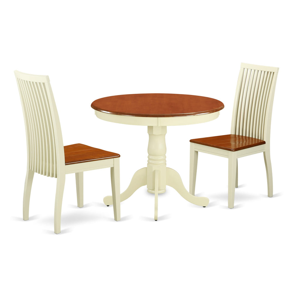 ANIP3-FUG-K 3 Piece Round Dining Table Set with Pedestal and Two Chairs, Cherry & Buttermilk Finish, 36x36 Inches