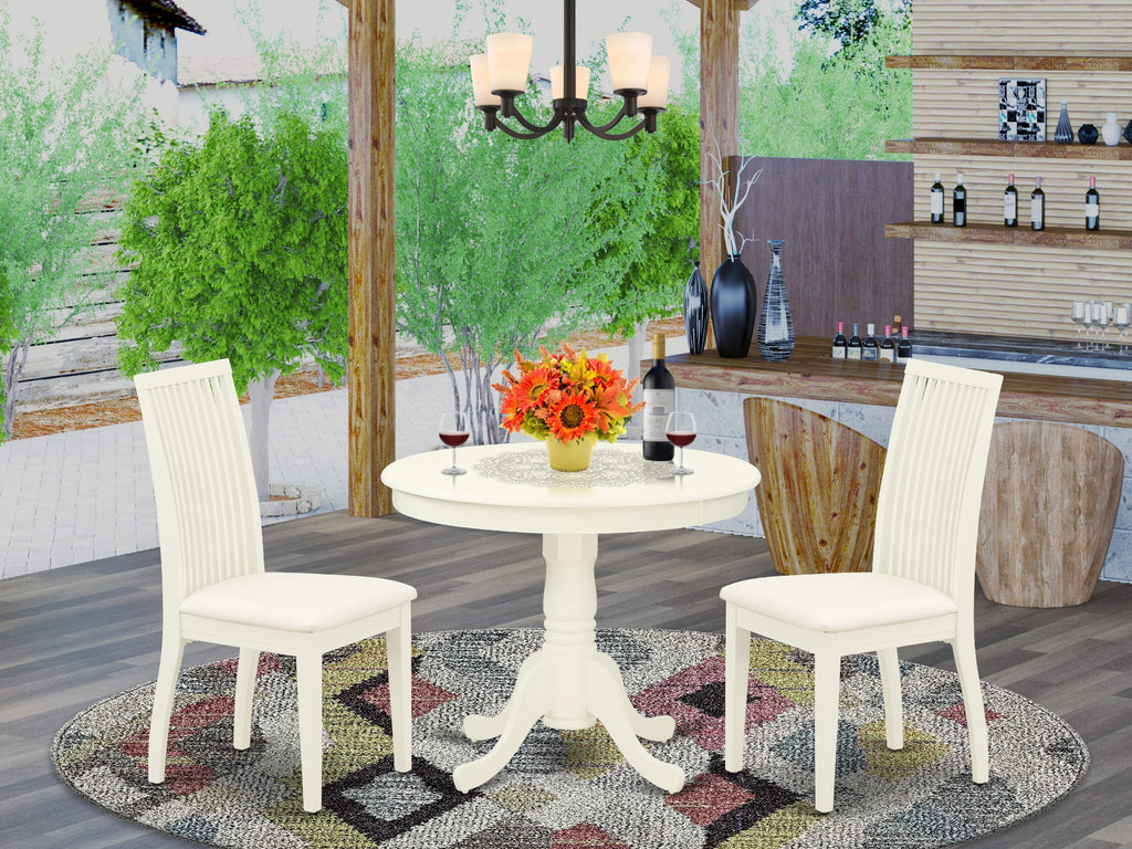 Round 3-Piece Dining Set with Linen Chairs, Ideal for Compact Spaces, Model ANIP3-KXX-O, 36x36, White