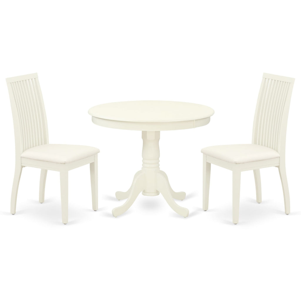 Round 3-Piece Dining Set with Linen Chairs, Ideal for Compact Spaces, Model ANIP3-KXX-O, 36x36, White